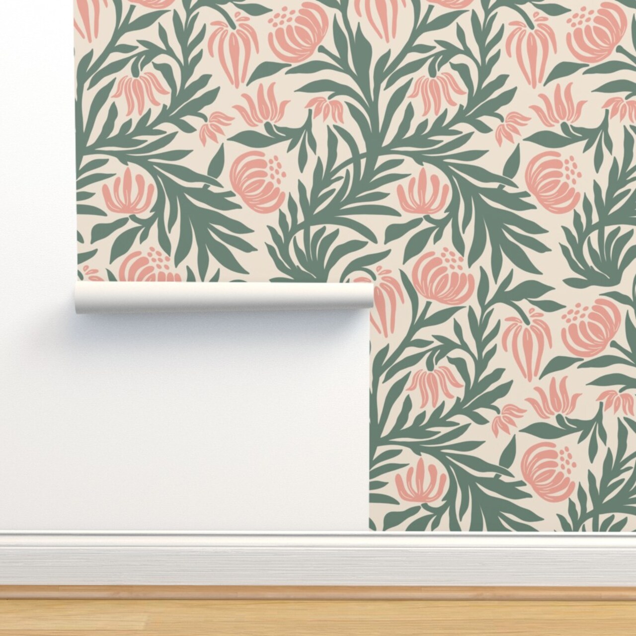 Sage Botanical William Morris Arts And Crafts Cottagecore Grand Millennial Modern Floral Custom Pre-pasted Wallpaper by Spoonflower Pre-Pasted Wallpaper 2FT Wide